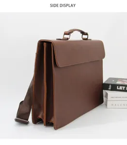 Detailed side view of brown leather briefcase with multi-compartments and handle.