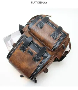Vintage brown leather backpack with multiple pockets, casual travel daypack for men and students.