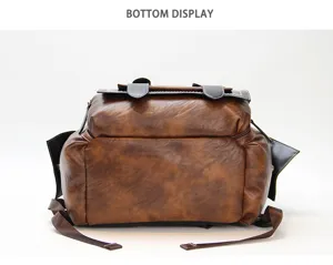 Bottom view of retro waterproof leather backpack, showing durable construction and stitching.
