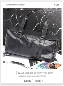 Men's large capacity travel duffel bag black PU leather business casual handbag for trips