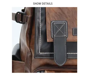 Vintage retro leather backpack detail view, large capacity casual men business book bag.