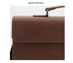 Vintage brown leather briefcase bag detail showing handle and flap design for men.
