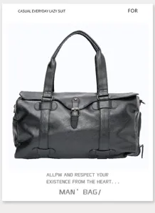 Detailed view of black PU leather travel duffel bag, featuring metal buckles and durable zippers.