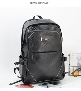 Black PU leather backpack detail view showing front zipper pocket and metal brand badge.