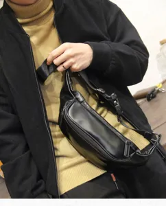 Stylish men black PU leather waist bag chest bag casual crossbody bag detail view