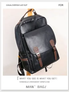 Men casual PU leather backpack large capacity vintage travel school laptop bag in black