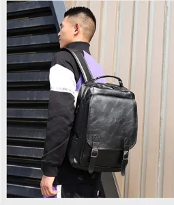 Men vintage PU leather backpack large capacity casual business school bag with USB port