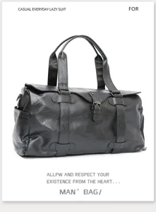Men black leather travel duffel bag large capacity business gym luggage bag detail view
