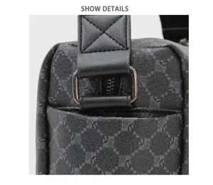 Detailaufnahme einer Freizeitumhängetasche für Herren mit Karomuster, Lederriemen und Reißverschluss.