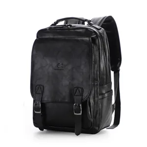 Men PU Leather Vintage Casual Backpack Large Capacity Travel Daypack With USB Charging Port and Double Buckle Flap