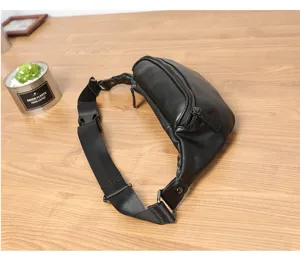 Men black PU leather waist bag casual chest bag fashion outdoor fanny pack adjustable strap