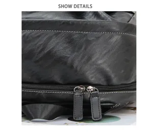 Detailed view of black business casual men backpack, durable leather texture and double zippers.