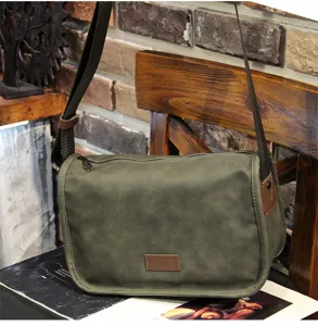 Green canvas messenger bag detail showing adjustable strap and durable fabric for daily commuting.