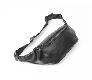 Black leather fanny pack for men, casual chest bag with zipper pocket and adjustable strap.