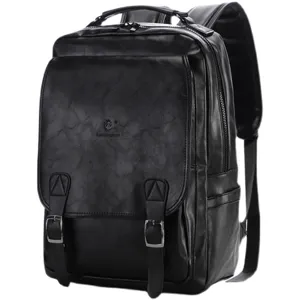 Men vintage PU leather backpack large capacity casual outdoor travel school bag black business