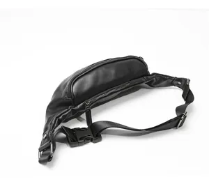 Black leather waist bag detail, casual chest bag with adjustable strap and sturdy zipper.