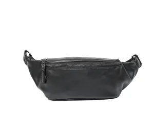 Detailed view of black leather waist bag featuring durable zipper and smooth surface finish.