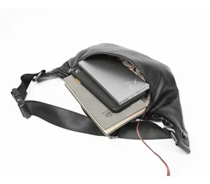 Men leather waist bag chest bag detail showing large capacity storage space for daily outdoor use.