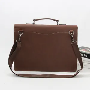 Vintage brown leather briefcase men casual messenger bag shoulder business handbag