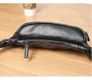 Black leather fanny pack detail, casual waist bag zipper pocket design for men outdoor.