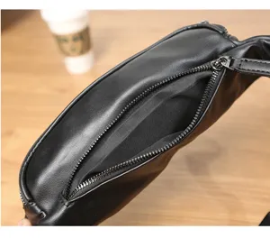 Black PU leather chest bag detail, casual waist pack with smooth zipper for outdoor use.