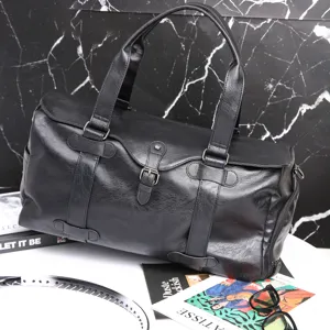 Men travel duffel bag large capacity black faux leather weekender bag for business trip gym.