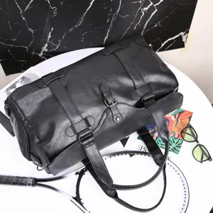 Men's Black Leather Travel Duffel Bag Large Capacity Overnight Weekend Luggage Gym Bag