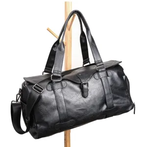 Classic black travel duffel bag with durable handles and shoulder strap for men's short trips.