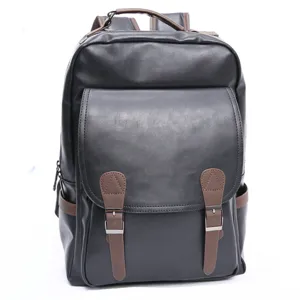 Black PU leather business backpack for men, large capacity travel school computer bag.
