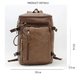 Retro multi-functional brown PU leather backpack detail view, showing zippers and buckles.