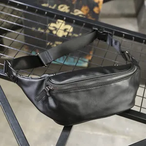 Black leather fanny pack for men, stylish chest bag with zipper and adjustable strap for outdoor use.