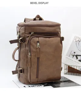 Detailed close-up view of the vintage multi-functional PU leather casual men's backpack.