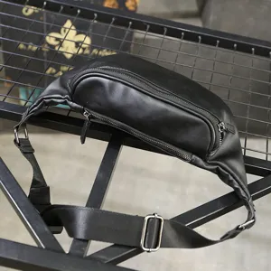 Men's black leather fanny pack stylish casual chest bag outdoor crossbody waist bag