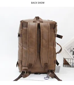 Vintage multi-functional men's PU leather backpack with shoulder straps and side handle.