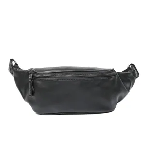 Men Black Leather Fanny Pack Casual Chest Bag Waterproof Crossbody Waist Bag Outdoor