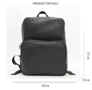 Black woven leather backpack large capacity travel business laptop bag stylish book bag
