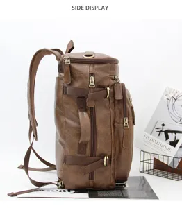 Men vintage multifunctional leather backpack side view detail showing straps and zippers