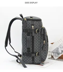 Zaino da uomo grigio a quadri multifunzionale con ampi scomparti per viaggio e lavoro.