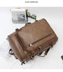 Vintage multi-functional men's leather backpack, casual brown travel bag and computer rucksack.