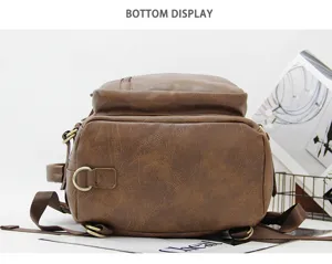 Retro brown backpack bottom detail view, casual multi-functional daypack for daily use.