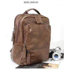 Vintage brown leather men backpack large capacity casual travel school computer bag detail view