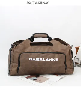 Sac de voyage multifonctionnel marron avec compartiment chaussures et sac bandoulière.