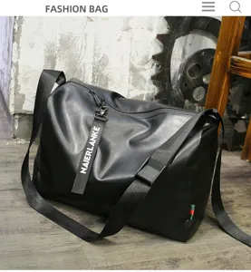 Black large capacity travel shoulder bag detail, waterproof zipper, durable thick fabric design.