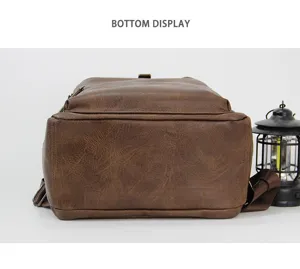 Men's vintage faux leather backpack bottom detail view showing durable brown material design.