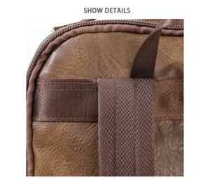 Vintage backpack detail shot showing strap craftsmanship, durable brown leather and sturdy webbing.