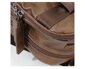 Close-up detail of vintage brown men backpack zipper and texture, stylish and durable design.