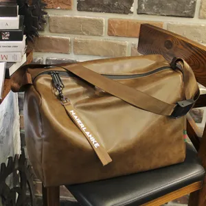 Men large capacity brown leather travel duffel bag waterproof zipper shoulder crossbody bag