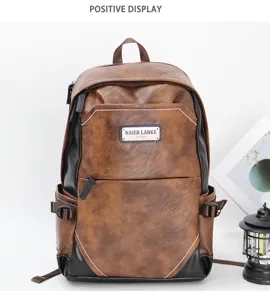 Vintage PU leather backpack for men, large capacity multi-compartment travel laptop bag.