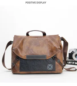 Men fashion PU leather messenger bag retro casual shoulder bag large capacity casual briefcase
