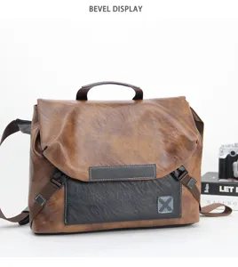 Men's retro brown leather messenger bag, casual commuter shoulder bag with top handle.